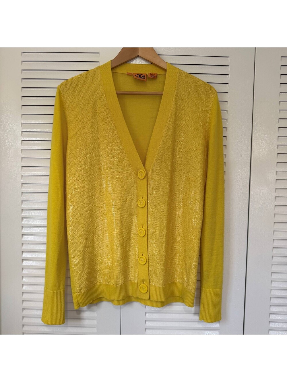 Tory Burch Yellow Sequin Cardigan Sweater L 100% Wool Button Front Designer Knit